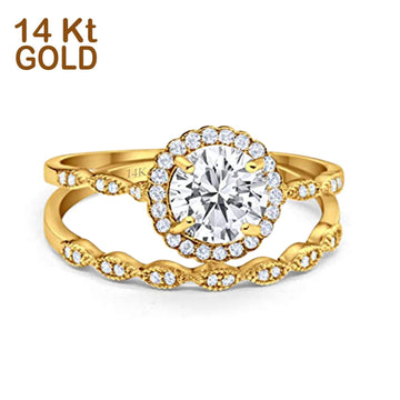 14K Yellow Gold Two Piece Round Wedding Ring Bridal Set Band Engagement Simulated CZ Size-7